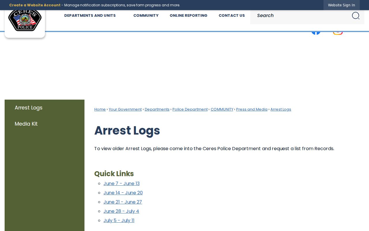 Stanislaus County arrest lookup with Ceres weekly arrest logs