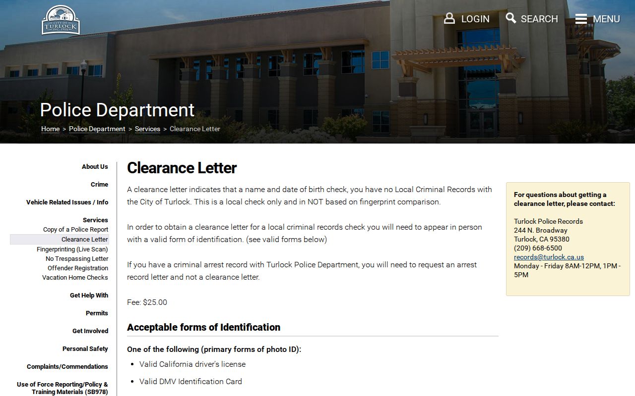 Stanislaus County arrest lookup through Turlock Police clearance records