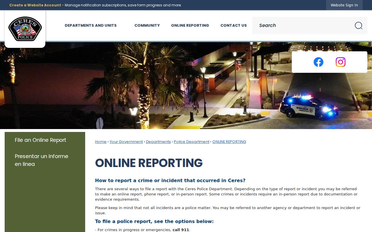 Ceres criminal records online and in-person police reporting options