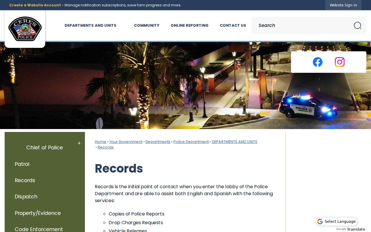Ceres criminal records police services and report request information