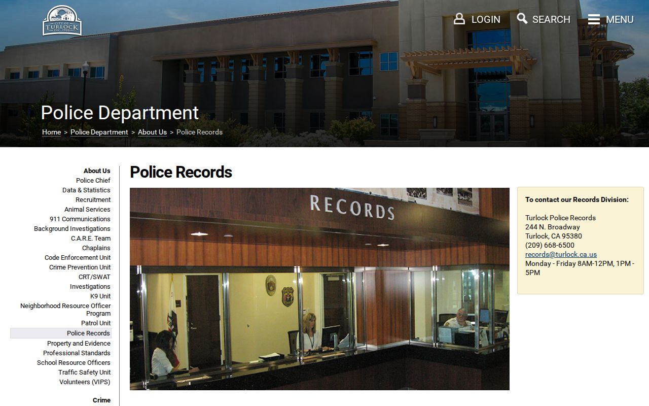 Turlock criminal records unit contact and services page