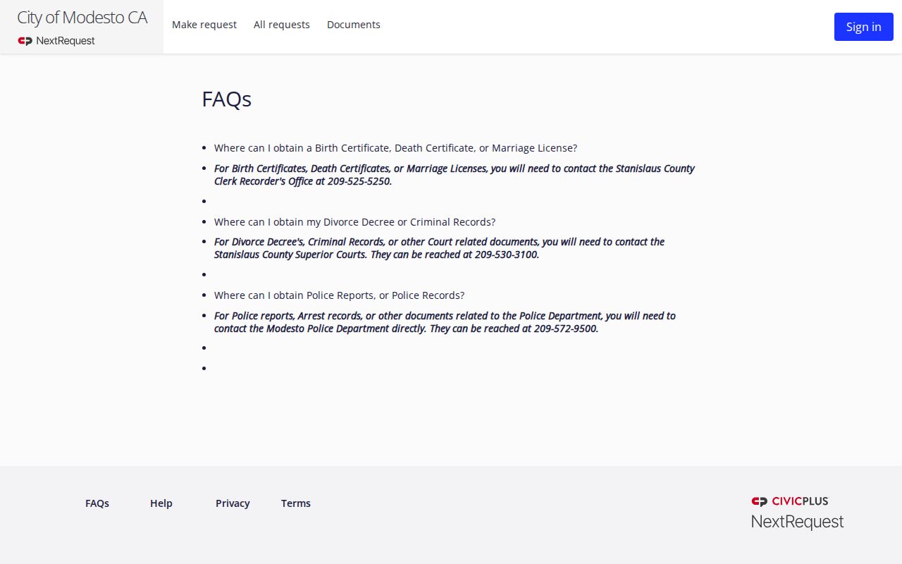 Modesto criminal records routing instructions in the city public records FAQ
