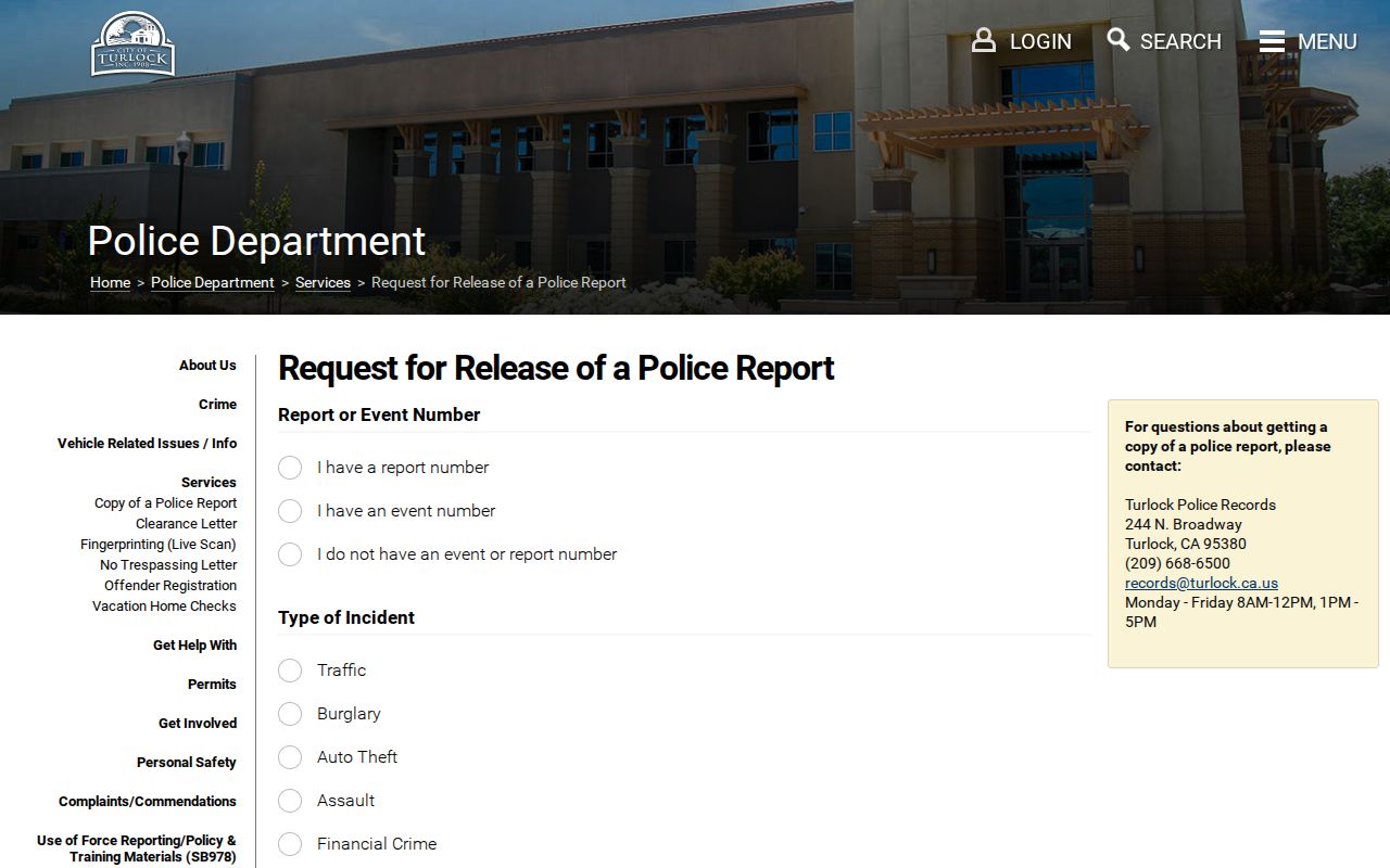 Turlock criminal records police report web request form