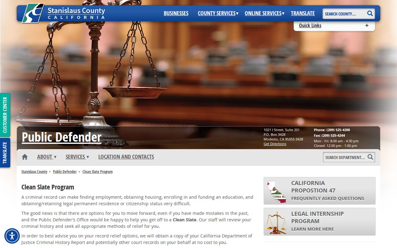 Stanislaus County criminal court case Clean Slate relief options