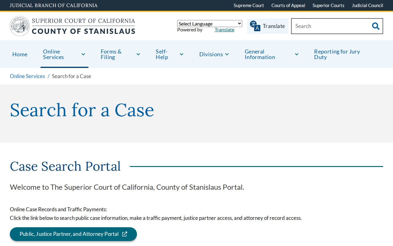 Stanislaus County criminal history court case search page