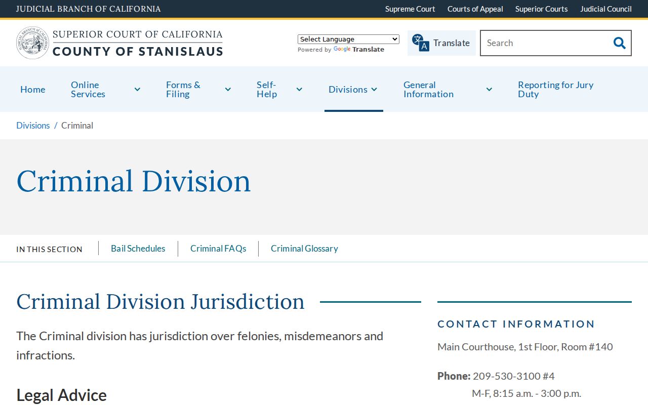 Stanislaus County criminal history Criminal Division information